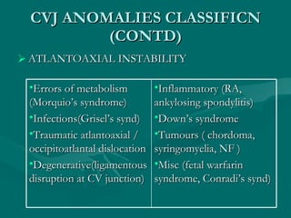CVJ ANOMALIES CLASSIFICN (CONTD) <ul><li>ATLANTOAXIAL INSTABILITY </li></ul><ul><li>Errors of metabolism (Morquio’s syndro...