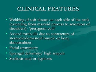CLINICAL FEATURES <ul><li>Webbing of soft tissues on each side of the neck (extending from mastoid process to acromion of ...