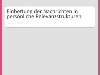 Einbe3ung	
  der	
  Nachrichten	
  in	
  
persönliche	
  Relevanzstrukturen
(Schaap	
  2009:	
  250)
 