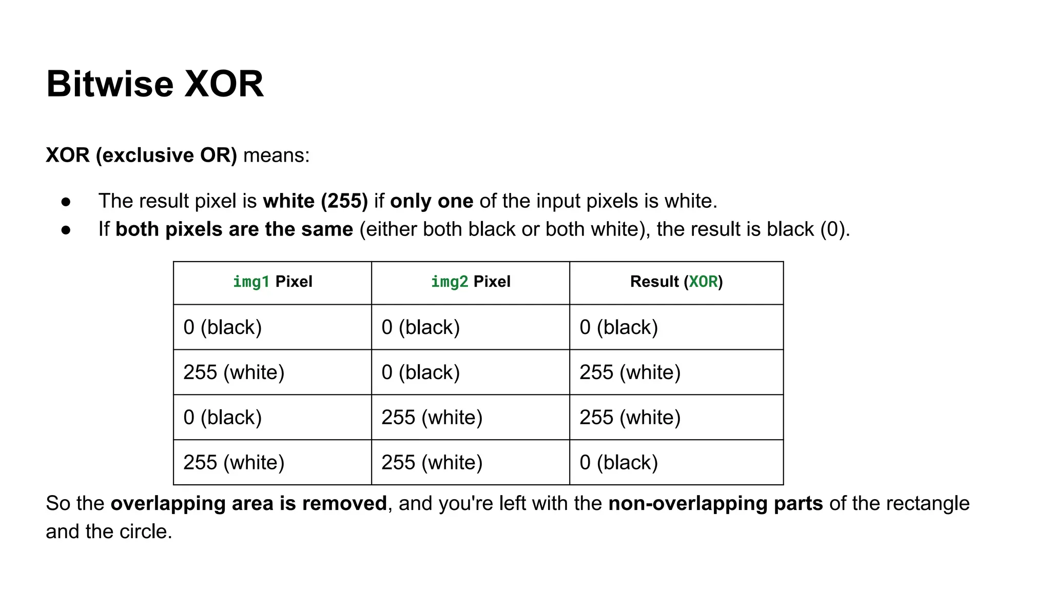 Bitwise XOR
XOR (exclusive OR) means:
● The result pixel is white (255) if only one of the input pixels is white.
● If both pixels are the same (either both black or both white), the result is black (0).
So the overlapping area is removed, and you're left with the non-overlapping parts of the rectangle
and the circle.
img1 Pixel img2 Pixel Result (XOR)
0 (black) 0 (black) 0 (black)
255 (white) 0 (black) 255 (white)
0 (black) 255 (white) 255 (white)
255 (white) 255 (white) 0 (black)
 