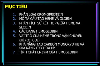 MỤC TIÊU
1. PHÂN LOẠI CROMOPROTEIN
2. MÔ TẢ CẤU TẠO HEME VÀ GLOBIN
3. PHÂN TÍCH SỰ KẾT HỢP GIỮA HEME VÀ
GLOBIN
4. CÁC DẠNG HEMOGLOBIN
5. VAI TRÒ CỦA HEME TRONG VẬN CHUYỂN
KHÍ (O2; CO2)
6. KHẢ NĂNG TẠO CARBON MONOXYD Hb VÀ
KHẢ NĂNG OXY HÓA Hb.
7. TÍNH CHẤT ENZYM CỦA HEMOGLOBIN
 