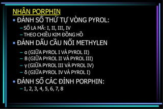 NHÂN PORPHIN
• ĐÁNH SỐ THỨ TỰ VÒNG PYROL:
– SỐ LA MÃ: I, II, III, IV
– THEO CHIỀU KIM ĐỒNG HỒ
• ĐÁNH DẤU CẦU NỐI METHYLEN
–
–
–
–
α (GIỮA PYROL I VÀ PYROL II)
Β (GIỮA PYROL II VÀ PYROL III)
γ (GIỮA PYROL III VÀ PYROL IV)
δ (GIỮA PYROL IV VÀ PYROL I)
• ĐÁNH SỐ CÁC ĐỈNH PORPHIN:
– 1, 2, 3, 4, 5, 6, 7, 8
 