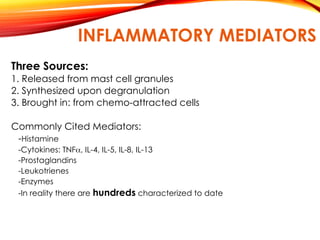 INFLAMMATORY MEDIATORS
Three Sources:
1. Released from mast cell granules
2. Synthesized upon degranulation
3. Brought in: from chemo-attracted cells
Commonly Cited Mediators:
-Histamine
-Cytokines: TNF, IL-4, IL-5, IL-8, IL-13
-Prostaglandins
-Leukotrienes
-Enzymes
-In reality there are hundreds characterized to date
 