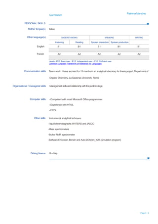 Palmina Mancino
                                      Curriculum
                                      Vitae
            PERSONAL SKILLS

               Mother tongue(s)      Italian


              Other language(s)                        UNDERSTANDING                                 SPEAKING                WRITING

                                               Listening           Reading           Spoken interaction Spoken production

                        English                   B1                   B1                    B1                 B1             B1


                        French                    A2                   A2                    A2                 A2             A2

                                     Levels: A1/2: Basic user - B1/2: Independent user - C1/2 Proficient user
                                     Common European Framework of Reference for Languages


           Communication skills      Team work: I have worked for 15 months in an analytical laboratory for thesis project, Department of

                                      Organic Chemistry, La Sapienza University, Rome


Organisational / managerial skills    Management skills and relationship with the public in stage




                 Computer skills     - Competent with most Microsoft Office programmes

                                     - Experience with HTML

                                     - ECDL


                      Other skills   Instrumental analytical techiques:

                                     - liquid chromatographs WATERS and JASCO

                                     -Mass spectrometers

                                     -Bruker NMR spectrometer

                                     -Software Empower, Borwin and Auto-DChrom_Y2K (simulation program)




                  Driving licence     B – Italy




                                                                                                                                 Page 3 / 2
 