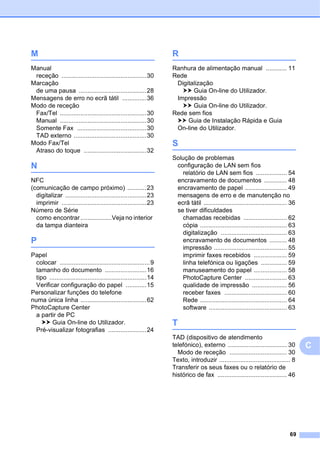 69
C
M
Manual
receção .................................................30
Marcação
de uma pausa .......................................28
Mensagens de erro no ecrã tátil ..............36
Modo de receção
Fax/Tel ..................................................30
Manual ..................................................30
Somente Fax ........................................30
TAD externo ..........................................30
Modo Fax/Tel
Atraso do toque ....................................32
N
NFC
(comunicação de campo próximo) ...........23
digitalizar ...............................................23
imprimir .................................................23
Número de Série
como encontrar..................Veja no interior
da tampa dianteira
P
Papel
colocar ....................................................9
tamanho do documento ........................16
tipo ........................................................14
Verificar configuração do papel ............15
Personalizar funções do telefone
numa única linha ......................................62
PhotoCapture Center
a partir de PC
uu Guia On-line do Utilizador.
Pré-visualizar fotografias ......................24
R
Ranhura de alimentação manual ............ 11
Rede
Digitalização
uu Guia On-line do Utilizador.
Impressão
uu Guia On-line do Utilizador.
Rede sem fios
uu Guia de Instalação Rápida e Guia
On-line do Utilizador.
S
Solução de problemas
configuração de LAN sem fios
relatório de LAN sem fios .................. 54
encravamento de documentos ............. 48
encravamento de papel ........................ 49
mensagens de erro e de manutenção no
ecrã tátil ................................................ 36
se tiver dificuldades
chamadas recebidas ......................... 62
cópia .................................................. 63
digitalização ...................................... 63
encravamento de documentos .......... 48
impressão .......................................... 55
imprimir faxes recebidos ................... 59
linha telefónica ou ligações ............... 59
manuseamento do papel ................... 58
PhotoCapture Center ........................ 63
qualidade de impressão .................... 56
receber faxes .................................... 60
Rede .................................................. 64
software ............................................. 63
T
TAD (dispositivo de atendimento
telefónico), externo .................................. 30
Modo de receção ................................. 30
Texto, introduzir ......................................... 8
Transferir os seus faxes ou o relatório de
histórico de fax ........................................ 46
 