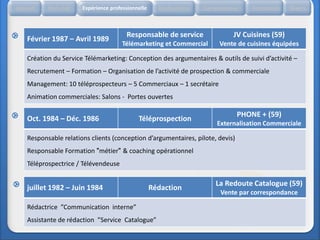 Accueil    Etat civil   Expérience professionnelle     Réalisations   Compétences    Formation    Divers



                                         Responsable de service                JV Cuisines (59)
    Février 1987 – Avril 1989
                                        Télémarketing et Commercial        Vente de cuisines équipées

    Création du Service Télémarketing: Conception des argumentaires & outils de suivi d’activité –
    Recrutement – Formation – Organisation de l’activité de prospection & commerciale
    Management: 10 téléprospecteurs – 5 Commerciaux – 1 secrétaire
    Animation commerciales: Salons - Portes ouvertes

                                                                                PHONE + (59)
    Oct. 1984 – Déc. 1986                     Téléprospection
                                                                          Externalisation Commerciale

    Responsable relations clients (conception d’argumentaires, pilote, devis)
    Responsable Formation "métier" & coaching opérationnel
    Téléprospectrice / Télévendeuse

                                                                          La Redoute Catalogue (59)
    juillet 1982 – Juin 1984                         Rédaction
                                                                           Vente par correspondance

    Rédactrice ”Communication interne”
    Assistante de rédaction ”Service Catalogue”
 