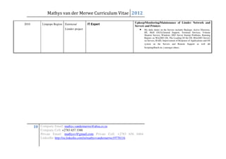 Mathys van der Merwe Curriculum Vitae 2012
                                                                   Upkeep/Monitoring/Maintenance of Limdev Network and
2010        Limpopo Region   Eurencna/        IT Expert
                                                                   Servers and Printers
                             Limdev project                           •    My daily duties on the Servers includes Backups ,Active Directory,
                                                                           IIS, Shell (GUI),General Support, Terminal Services, Volume
                                                                           Shadow Service, Windows 2003 Server Startup Problems, Running
                                                                           Repairs on Win2003 OS, The Loading Of the OS (Win2003 Server)
                                                                           on Servers, RAID, Improvement of Response of Applications and OS
                                                                           system on the Servers and Remote Support as well as
                                                                           Scripting(Batch etc.) amongst others.




       10 Company Email: mathys.vandermerwe@absa.co.za
           Company Cell: +2783 657 3388
           Private Email: mathysv@gmail.com Private Cell: +2783 656 0464
           LinkedIn: http://za.linkedin.com/in/mathysvandermerwe19770116
 