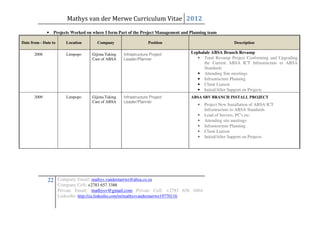 Mathys van der Merwe Curriculum Vitae 2012
              •   Projects Worked on where I form Part of the Project Management and Planning team

Date from - Date to      Location      Company                    Position                                 Description

       2008              Limpopo    Gijima Taking   Infrastructure Project           Lephalale ABSA Branch Revamp
                                    Care of ABSA    Leader/Planner                      • Total Revamp Project Conforming and Upgrading
                                                                                           the Current ABSA ICT Infrastructure to ABSA
                                                                                           Standards
                                                                                        • Attending Site meetings
                                                                                        • Infrastructure Planning
                                                                                        • Client Liaison
                                                                                        • Initial/After Support on Projects
       2009              Limpopo    Gijima Taking   Infrastructure Project           ABSA SBV BRANCH INSTALL PROJECT
                                    Care of ABSA    Leader/Planner
                                                                                        •   Project New Installation of ABSA ICT
                                                                                            Infrastructure to ABSA Standards
                                                                                        •   Load of Servers, PC's etc.
                                                                                        •   Attending site meetings
                                                                                        •   Infrastructure Planning
                                                                                        •   Client Liaison
                                                                                        •   Initial/After Support on Projects




              22 Company Email: mathys.vandermerwe@absa.co.za
                      Company Cell: +2783 657 3388
                      Private Email: mathysv@gmail.com Private Cell: +2783 656 0464
                      LinkedIn: http://za.linkedin.com/in/mathysvandermerwe19770116
 