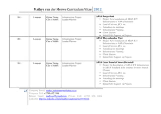 Mathys van der Merwe Curriculum Vitae 2012

2011           Limpopo     Gijima Taking   Infrastructure Project   ABSA Burgersfort
                           Care of ABSA    Leader/Planner             • Project New Installation of ABSA ICT
                                                                         Infrastructure to ABSA Standards
                                                                      • Load of Servers, PC's etc.
                                                                      • Attending site meetings
                                                                      • Infrastructure Planning
                                                                      • Client Liaison
                                                                      • Initial/After Support on Projects
2011           Limpopo     Gijima Taking   Infrastructure Project   ABSA Thoyouhandou West
                           Care of ABSA    Leader/Planner             • Project New Installation of ABSA ICT
                                                                         Infrastructure to ABSA Standards
                                                                      • Load of Servers, PC's etc.
                                                                      • Attending site meetings
                                                                      • Infrastructure Planning
                                                                      • Client Liaison
                                                                      • Initial/After Support on Projects

2011           Limpopo     Gijima Taking   Infrastructure Project   ABSA Ceres Branch Closure De-install
                           Care of ABSA    Leader/Planner             • Project De-Installation of ABSA ICT Infrastructure
                                                                         to ABSA Standards to be returned to stores branch
                                                                         Closure
                                                                      • Load of Servers, PC's etc.
                                                                      • Infrastructure Planning
                                                                      • Attending site meetings
                                                                      • Client Liaison
                                                                      • Initial/After Support on Projects


       23 Company Email: mathys.vandermerwe@absa.co.za
           Company Cell: +2783 657 3388
           Private Email: mathysv@gmail.com Private Cell: +2783 656 0464
           LinkedIn: http://za.linkedin.com/in/mathysvandermerwe19770116
 
