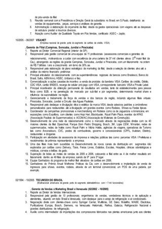 de pós-venda da filial.
5. Reunião semanal com a Presidência e Direção Geral da subsidiária no Brasil, em S.Paulo, detalhando as
vendas de equipamentos, peças, serviços e análises de garantia.
6. Administração e elaboração do orçamento da filial, desde os gastos operacionais com viagens até as despesas
de estrutura predial e insumos diversos.
7. Atuação como Auditor de Qualidade Toyota em Pós Vendas, certificado ASEC – Japão.
10/2005 - 06/2007 VISANET
(Empresa nacional de grande porte do segmento de cartões de crédito, VISA)
. Gerente de Filial (Campinas, Sorocaba, Jundiaí e Piracicaba)
1. Reporte ao Diretor Comercial Regional (interior de SP).
2. Responsável pela gestão comercial de uma equipe de 11 profissionais (assessores comerciais e gerentes de
relacionamento), motivando-os a cuidar com excelência de uma carteira de 37 mil clientes ativos (3
a
maior filial da
Cia.), abrangendo as regiões da grande Campinas, Sorocaba, Jundiaí e Piracicaba, com um faturamento na ordem
de R$ 7 bilhões / ano e crescimento em torno de 30% aa.
3. Responsável pela elaboração de plano estratégico de marketing da filial, desde a seleção de clientes alvo até a
análise do retorno financeiro preliminar.
4. Principal articulador do relacionamento com as superintendências regionais de bancos como Bradesco, Banco do
Brasil, Safra, ABNAmro, HSBC, Unibanco e Itaú.
5. Comercialização e ações casadas de incentivo a venda de produtos da bandeira VISA: Cartões de crédito, Débito,
CDC VISA, cartão BNDES, recarga de celular pré-pago com VISA, correspondente bancário VISA e Private Label.
6. Principal incentivador da obtenção permanente de resultados em vendas, tanto de estabelecimentos para pessoa
física como B2B, e na penetração de mercado por sub-fiial e por segmentos, determinando market share e
influência da sazonalidade na região.
7. Gerenciamento e treinamento da força de vendas e dos bancos da região, incluindo algumas filiais virtuais:
Piracicaba, Sorocaba, Jundiaí e Circuito das Águas Paulistas.
8. Responsável pelo destaque e divulgação ética e estética da marca VISA, desde adesivos padrões a ombrellones
personalizados para restaurantes até a divulgação em grandes eventos como Rodeios, Shows ou Festas típicas.
9. Coordenador de campanhas promocionais e merchandising em Rodeios como os de Jaguariúna e Americana, em
exposições como Expoflora, com clientes como Hopi Hari, Blockbuster, Royal Palm Plaza, eventos da APAS
(Associação Paulista de Supermercados) e ACOMAC(Associação de Materiais de Construção).
10. Desenvolvimento de uma rede de relacionamento como o mercado através de negociações diretas com os 40
maiores clientes da filial: Dpaschoal, Parque Dom Pedro Shopping, Bosch, 3M, Lojas CEM, Mmartan, redes de
supermercados, redes de hotéis como Royal Palm e Vitória Hotéis, agências de viagens, operadoras de Turismo
tais como Ancoradouro, CVC, postos de combustíveis, governo e concessionárias (CPFL, Autoban, Elektro),
restaurantes e drogarias
11. Participação em atividades de assessoria de imprensa e relações públicas tais como: parcerias VISA / Prefeituras e
recebimentos de prêmios representando a empresa.
12. Uma das filiais mais bem sucedidas no Desenvolvimento de novos canais de distribuição em segmentos não
explorados por cartões como Delivery, Táxis, Feiras Livres, Estádios, Escolas, Hospitais, clínicas odontológicas e
médicas, correios e leilões de gado.
13. Superação de todas as metas de vendas de 2005 e 2006, colocando a filial entre as 4 de melhor resultado em
faturamento dentre as 49 filais da empresa, saindo de 9º para 3º lugar.
14. Equipe Ganhadora do programa de melhor filial ativadora de cartões em 2006;
15. Ganhadores do Prêmio Anual Melhores Práticas da Cia, com o desenvolvimento e implantação de venda de
ingressos para shows, eventos, rodeios, através de um terminal convencional, um POS de uma padaria, por
exemplo.
02/1994 - 10/2005 TECUMSEH DO BRASIL
(Multinacional americana de grande porte do segmento eletroeletrônico com ~ 7 mil funcionários)
. Gerente de Vendas e Marketing Brasil e Venezuela (02/2002 - 10/2005)
1. Reporte ao Diretor de Vendas Internacionais.
2. Responsável pela gestão de 10 profissionais: engenheiros de vendas, vendedores técnicos e de aplicação e
atendentes, atuando em todo Brasil e Venezuela, com destaque para o varejo de refrigeração e ar condicionado.
3. Negociação direta com clientes-chave como Springer Carrier, Multibrás, GE Dako, Metalfrio, MABE, Electrolux,
Purificadores Europa, Bosch, Siemens, na Venezuela: Hielomatic, Refrisa, Galarza, Refrigeración Nacional e
grandes distribuidores de refrigeração.
4. Auxílio como intermediador de importações dos compressores fabricados nas plantas americanas junto aos clientes
 