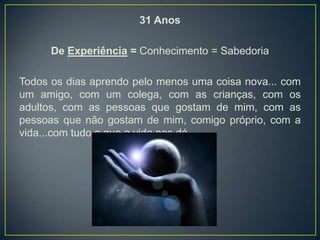 31 Anos

      De Experiência = Conhecimento = Sabedoria

Todos os dias aprendo pelo menos uma coisa nova... com
um amigo, com um colega, com as crianças, com os
adultos, com as pessoas que gostam de mim, com as
pessoas que não gostam de mim, comigo próprio, com a
vida...com tudo o que a vida nos dá.
 