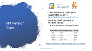 API Version
Blues
• The CVMFS team developed a
Kubernetes CSI driver
https://github.com/cernops/cvmfs-csi
• But they developed against
the beta version
• Which has since been deprecated!
https://kubernetes-csi.github.io/docs/introduction.html
CernVM Workshop 2019 10
 