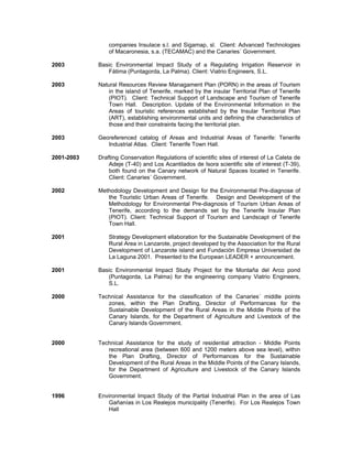 companies Insulace s.l. and Sigamap, sl. Client: Advanced Technologies
of Macaronesia, s.a. (TECAMAC) and the Canaries´ Government.
2003 Basic Environmental Impact Study of a Regulating Irrigation Reservoir in
Fátima (Puntagorda, La Palma). Client: Viatrio Engineers, S.L.
2003 Natural Resources Review Managament Plan (PORN) in the areas of Tourism
in the island of Tenerife, marked by the insular Territorial Plan of Tenerife
(PIOT). Client: Technical Support of Landscape and Tourism of Tenerife
Town Hall. Description. Update of the Environmental Information in the
Areas of touristic references established by the Insular Territorial Plan
(ART), establishing environmental units and defining the characteristics of
those and their constraints facing the territorial plan.
2003 Georeferenced catalog of Areas and Industrial Areas of Tenerife: Tenerife
Industrial Atlas. Client: Tenerife Town Hall.
2001-2003 Drafting Conservation Regulations of scientific sites of interest of La Caleta de
Adeje (T-40) and Los Acantilados de Isora scientific site of interest (T-39),
both found on the Canary network of Natural Spaces located in Tenerife.
Client: Canaries´ Government.
2002 Methodology Development and Design for the Environmental Pre-diagnose of
the Touristic Urban Areas of Tenerife. Design and Development of the
Methodology for Environmental Pre-diagnosis of Tourism Urban Areas of
Tenerife, according to the demands set by the Tenerife Insular Plan
(PIOT). Client: Technical Support of Tourism and Landscapt of Tenerife
Town Hall.
2001 Strategy Development ellaboration for the Sustainable Development of the
Rural Area in Lanzarote, project developed by the Association for the Rural
Development of Lanzarote island and Fundación Empresa Universidad de
La Laguna 2001. Presented to the European LEADER + announcement.
2001 Basic Environmental Impact Study Project for the Montaña del Arco pond
(Puntagorda, La Palma) for the engineering company Viatrio Engineers,
S.L.
2000 Technical Assistance for the classification of the Canaries´ middle points
zones, within the Plan Drafting, Director of Performances for the
Sustainable Development of the Rural Areas in the Middle Points of the
Canary Islands, for the Department of Agriculture and Livestock of the
Canary Islands Government.
2000 Technical Assistance for the study of residential attraction - Middle Points
recreational area (between 600 and 1200 meters above sea level), within
the Plan Drafting, Director of Performances for the Sustainable
Development of the Rural Areas in the Middle Points of the Canary Islands,
for the Department of Agriculture and Livestock of the Canary Islands
Government.
1996 Environmental Impact Study of the Partial Industrial Plan in the area of Las
Gañanías in Los Realejos municipality (Tenerife). For Los Realejos Town
Hall
 