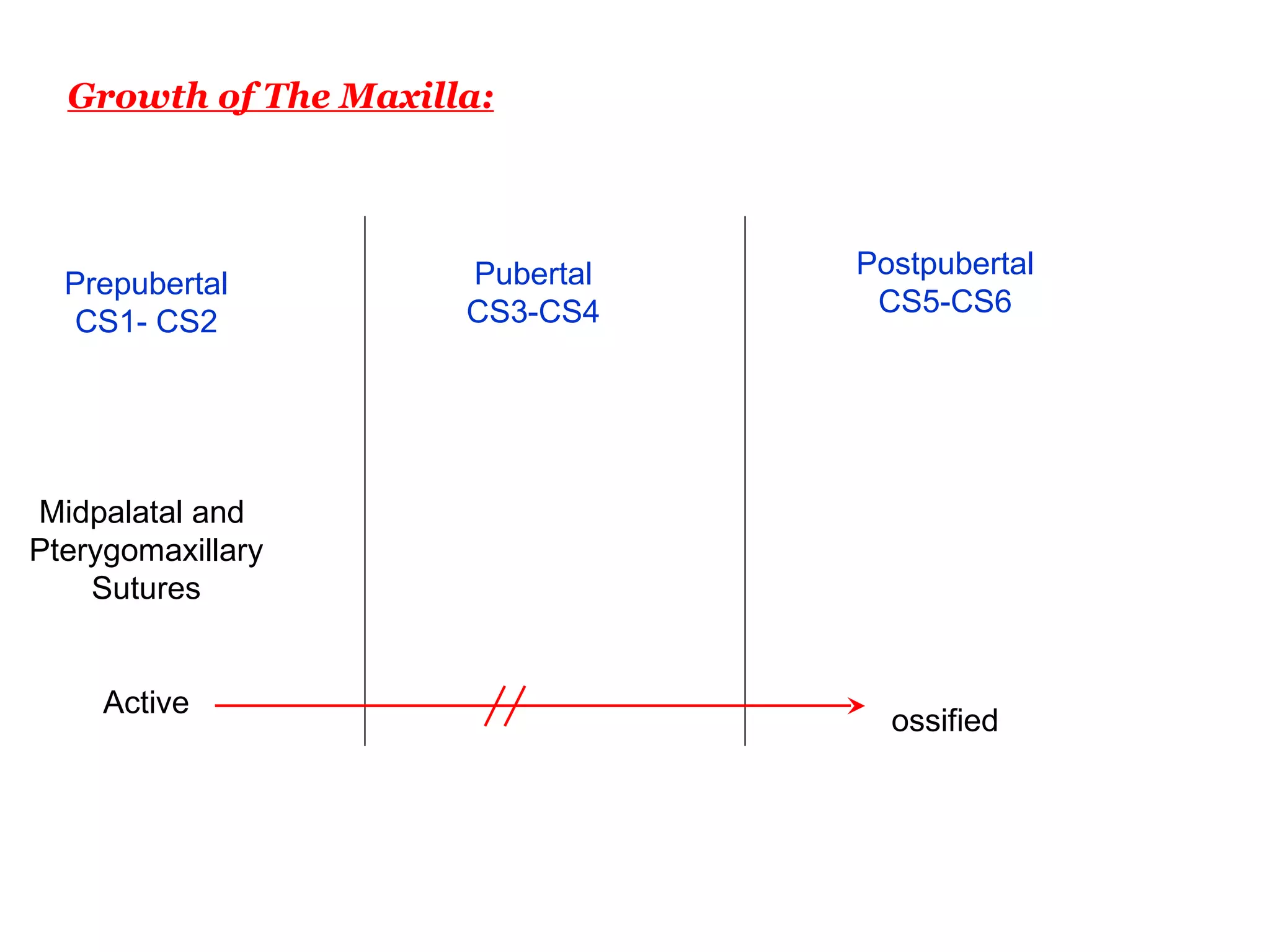 Growth of The Maxilla: Prepubertal CS1- CS2 Midpalatal and  Pterygomaxillary Sutures Active Pubertal CS3-CS4 Postpubertal CS5-CS6 ossified 