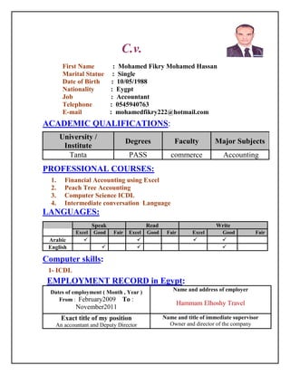 C.v.
First Name : Mohamed Fikry Mohamed Hassan
Marital Statue : Single
Date of Birth : 10/05/1988
Nationality : Eygpt
Job : Accountant
Telephone : 0545940763
E-mail : mohamedfikry222@hotmail.com
:ACADEMIC QUALIFICATIONS
PROFESSIONAL COURSES:
1. Financial Accounting using Excel
2. Peach Tree Accounting
3. Computer Science ICDL
4. Intermediate conversation Language
LANGUAGES:
Computer skills:
1- ICDL
EMPLOYMENT RECORD in Egypt:
Major SubjectsFacultyDegrees
University /
Institute
AccountingcommercePASSTanta
WriteReadSpeak
FairGoodExcelFairGoodExcelFairGoodExcel
Arabic
English
Name and address of employer
Hammam Elhoshy Travel
Dates of employment ( Month , Year )
From : February2009 To :
November2011
Name and title of immediate supervisor
Owner and director of the company
Exact title of my position
An accountant and Deputy Director
 