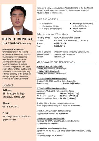 JEROME C. MONTOYA,
CPA Candidate (MAY 2020)
Outstanding Accountancy
Graduate of one of the leading
Accountancy Universities in Region
III, with competitive academic
record and accomplishments.
Accomplishments span from
winning in regional to national
academic competitions. Has been
aware of relevant tax, auditing and
accounting standard changes duly
adopted currently in the profession
through recognized conventions,
seminars and self development.
Contact
Address:
283 Macopa St. Brgy
Maligaya, Tarlac City
Phone:
0912 319 2841
Email:
montoya.jerome.cardenas
@gmail.com
Purpose: To apply as an Assurance Associate in one of the Big 4 Audit
Firms to provide assurance services to clients involved in Various
Industries, local or international.
Skills and Abilities
 Fast Thinker
 Competitive Mindset
 Complex problem solver
 Knowledge in Accounting
and Audit Standards
 Microsoft Office
Application
Education and Trainings
Tertiary Level: TARLAC STATE UNIVERSITY
Course: Bachelor of Science in Accountancy
Honors: CUM LAUDE
Year: 2014-2019
Name of Company : Alpha Insurance and Surety Company, Inc.
Address/Branch : Terraza Bldg. Tarlac City
Position : Student OJT
Major Awards and Recognitions
CPAR BATCH 86 (October 2019):
Rank 13, First Preboard Examination
RESA BATCH 39 (May 2020):
Rank 13, First Preboard Examination
21st National Mid-Year Convention:
October 26-30, 2018 Apo View Hotel, Davao City,
-Taxation Cup: 1st Runner Up (SGVCUP)
22nd Regional Mid-Year Convention:
September 24-26, 2018 Hotel Supreme, Baguio
-MAS Cup: CHAMPION (PWC Cup)
-All Boards Subject Cup: 5th Placer (PWC Cup)
-Taxation Cup Level 2 and 3: 1st Place (SGV Cup)
October 5, 2018 Angeles University Foundation:
PICPA Regional Accounting Quiz Bowl: 1st Runner Up
August 25, 2018, Bulacan State University:
Regional APEX Summit: 1st Runner Up
23rd Annual Regional Convention:
March 25-30, 2017 , Tanza Oasis Resort Hotel, Cavite
CFA Examination: 1st Place
19th Regional Mid- Year Convention:
September 24- 26, 2015, Club Balay Isabel Hotel and Resort, Talisay
Batangas
Basic Accounting Cup: 4th Place
 