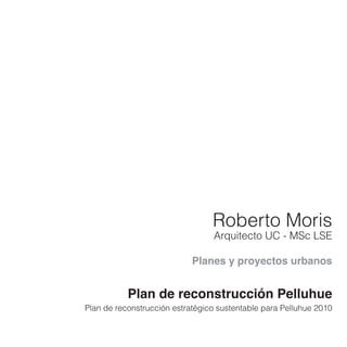 Roberto Moris
Arquitecto UC - MSc LSE
Planes y proyectos urbanos
Plan de reconstrucción Pelluhue
Plan de reconstrucción estratégico sustentable para Pelluhue 2010
 