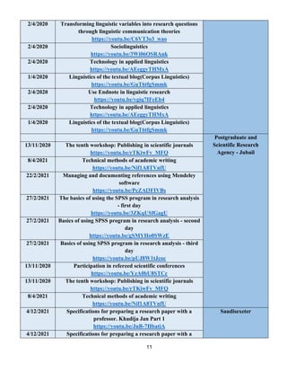11
2/4/2020 Transforming linguistic variables into research questions
through linguistic communication theories
https://youtu.be/C6VT3o3_wao
2/4/2020 Sociolinguistics
https://youtu.be/3Wi06OSRAnk
2/4/2020 Technology in applied linguistics
https://youtu.be/AEeggyTHMxA
1/4/2020 Linguistics of the textual blog(Corpus Linguistics)
https://youtu.be/GuT6tfgSmmk
2/4/2020 Use Endnote in linguistic research
https://youtu.be/vgiq7IFeEb4
2/4/2020 Technology in applied linguistics
https://youtu.be/AEeggyTHMxA
1/4/2020 Linguistics of the textual blog(Corpus Linguistics)
https://youtu.be/GuT6tfgSmmk
Postgraduate and
Scientific Research
Agency - Jubail
13/11/2020 The tenth workshop: Publishing in scientific journals
https://youtu.be/rTKiwFv_MFQ
8/4/2021 Technical methods of academic writing
https://youtu.be/Nif1A8TVnfU
22/2/2021 Managing and documenting references using Mendeley
software
https://youtu.be/PcZAl3FIVBs
27/2/2021 The basics of using the SPSS program in research analysis
- first day
https://youtu.be/3ZKqUSfGagU
27/2/2021 Basics of using SPSS program in research analysis - second
day
https://youtu.be/gSMYHo0SWzE
27/2/2021 Basics of using SPSS program in research analysis - third
day
https://youtu.be/pUJ8W1tJcoc
13/11/2020 Participation in refereed scientific conferences
https://youtu.be/YzA0bU8STCc
13/11/2020 The tenth workshop: Publishing in scientific journals
https://youtu.be/rTKiwFv_MFQ
8/4/2021 Technical methods of academic writing
https://youtu.be/Nif1A8TVnfU
4/12/2021 Specifications for preparing a research paper with a
professor. Khadija Jan Part 1
7HbatiA
-
https://youtu.be/JuB
Saudisexeter
4/12/2021 Specifications for preparing a research paper with a
 