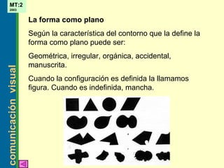 La forma como plano Según la característica del contorno que la define la fo r ma como plano puede ser: Geométrica, irregular, orgánica, accidental, manuscrita. Cuando la configuración es definida la llamamos figura. Cuando es indefinida, mancha. 