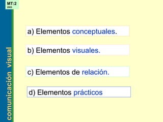 Elementos a) Elementos  conceptuales . b) Elementos  visuales. d) Elementos  prácticos c) Elementos de  relación. 