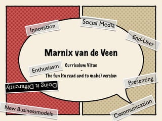 Social Med
                vation
                                                     ia
            Inno
                                                                 End
                                                                     -Us
                                                                        er
                   Marnix van de Veen
                               Curriculum Vitae
            E   nthu siasm             -
                    The fun (to read and to make) version
Doing it Differently                                            Prese nting



                                                                    c at ion
New Bus
          inessmod                                           mu ni
                    els
                                                          Com
 