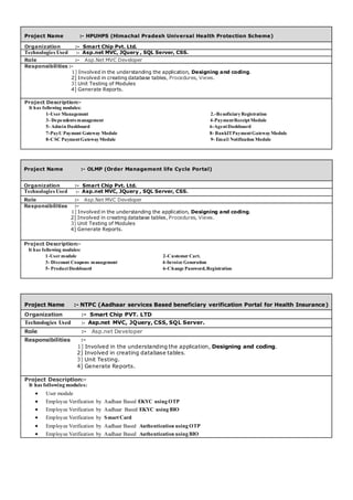 Project Name :- HPUHPS (Himachal Pradesh Universal Health Protection Scheme)
Organization :- Smart Chip Pvt. Ltd.
Technologies Used :- Asp.net MVC, JQuery , SQL Server, CSS.
Role :- Asp.Net MVC Developer
Responsibilities :-
1] Involved in the understanding the application, Designing and coding.
2] Involved in creating database tables, Procedures, Views.
3] Unit Testing of Modules
4] Generate Reports.
Project Description:-
It has following modules:
1-User Management 2.-BeneficiaryRegistration
3- Dependents management 4-PaymentReceiptModule
5- Admin Dashboard 6-AgentDashboard
7-PayU Payment Gateway Module 8- BankITPaymentGatewayModule
8-CSC PaymentGatewayModule 9- Email Notification Module
Project Name :- OLMP (Order Management life Cycle Portal)
Organization :- Smart Chip Pvt. Ltd.
Technologies Used :- Asp.net MVC, JQuery , SQL Server, CSS.
Role :- Asp.Net MVC Developer
Responsibilities :-
1] Involved in the understanding the application, Designing and coding.
2] Involved in creating database tables, Procedures, Views.
3] Unit Testing of Modules
4] Generate Reports.
Project Description:-
It has following modules:
1-User module 2-Customer Cart.
3- Discount Coupons management 4-Invoice Generation
5- ProductDashboard 6-Change Password,Registration
Project Name :- NTPC (Aadhaar services Based beneficiary verification Portal for Health Insurance)
Organization :- Smart Chip PVT. LTD
Technologies Used :- Asp.net MVC, JQuery, CSS, SQL Server.
Role :- Asp.net Developer
Responsibilities :-
1] Involved in the understanding the application, Designing and coding.
2] Involved in creating database tables.
3] Unit Testing.
4] Generate Reports.
Project Description:-
It has following modules:
 User module
 Employee Verification by Aadhaar Based EKYC using OTP
 Employee Verification by Aadhaar Based EKYC using BIO
 Employee Verification by Smart Card
 Employee Verification by Aadhaar Based Authentication using OTP
 Employee Verification by Aadhaar Based Authentication using BIO
 