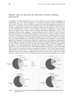 12 Courrier de l'environnement de l'INRA n°29, décembre 1996 
Quelques causes de régression des populations d'insectes mellifères 
pollinisateurs 
La population d'Abeilles domestiques varie en un lieu donné au gré des migrations saisonnières, les 
transhumances, qui sont le fait des apiculteurs à la recherche des floraisons les plus profitables pour 
leurs colonies. Par contre, chez les mellifères sauvages, le maintien des peuplements ne peut être at-tendu 
que si leur habitat est conservé et la nourriture assurée. Il est donc possible d'énumérer une série 
de raisons expliquant dans certaines zones la régression notable de leur population, voire de leur ex-tinction. 
L'urbanisation et la mise en culture intensive impliquent la suppression des zones refuges 
que sont les jachères, haies et talus et aussi la réduction des ressources alimentaires ; celle-ci est la 
conséquence de deux actions conjuguées : celle des herbicides totaux ou sélectifs et celle de la mono-culture 
en particulier la culture de plantes dépourvues d'intérêt pour les insectes mellifères telles que 
les céréales. Naturellement, l'usage des insecticides est aussi un facteur perturbant parfois très grave-ment 
les insectes pollinisateurs, insuffisamment protégés malgré leur statut d'auxiliaires de l'agricul-ture 
et leur action bénéfique dans le maintien de la diversité de la flore spontanée. Louveaux (1984) 
rappelle que l'apiculture a énormément souffert de la généralisation des traitements phytosanitaires 
dans les années 50, particulièrement dans le Bassin parisien où s'étendait d'année en année la culture 
du colza. D'après cet auteur, des milliers de ruches ont été détruites par les insecticides organochlorés 
de l'époque. A une plus grande échelle, des statistiques précises et éloquentes sont disponibles aux 
Etats-Unis où l'on cite la destruction de 70 000 colonies d'Abeilles en Californie, pour la seule année 
1967, en raison de traitements du coton avec du carbaryl (Louveaux, 1984). Toute culture visitée pré-férentiellement 
par les Abeilles et les autres mellifères et subissant un ou plusieurs traitements phyto-sanitaires 
est une culture à risques. Actuellement ces cultures, qui sont citées au début de cet article, 
couvrent en France plus d'1,5 million d'hectares, dont les trois quarts sont représentés par les oléagi- 
 
