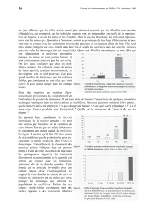 16 Courrier de l'environnement de l'INRA n°29, décembre 1996 
on peut affirmer que les effets nocifs seront plus sûrement ressentis par les Abeilles non sociales 
(Mégachiles, par exemple), car les individus exposés sont les responsables exclusifs de la reproduc-tion 
de l'espèce, à savoir les mâles et les femelles. Dans le cas des Bourdons, les individus reproduc-teurs 
sont les reines qui, fécondées à l'automne, sortent au printemps de leur loge d'hibernation et peu-vent 
être en contact avec les traitements insecticides précoces, et ce jusqu'au début de l'été. Plus tard 
elles seront protégées car elles restent dans leur nid et seules les ouvrières nées des couvées initiales 
pourront subir les dommages dus aux insecticides. Quant aux Abeilles domestiques, ce sont elles qui 
ont relativement la meilleure protection 
puisque les reines ne vont jamais butiner et 
sont constamment nourries par les ouvrières. 
On doit aussi souligner que chez les mel-lifères 
sociaux, les colonies issues de reines 
de haute qualité, pondant intensivement, se 
développent vite et sont pourvues d'un plus 
grand nombre de butineuses que les colonies 
faibles, par conséquent ce sont elles qui vont 
courir le plus grand danger dans les champs 
traités. 
Bien des surprises en matières d'éco-toxicologie 
proviennent du comportement de 
l'utilisateur du produit de traitement. Il est donc utile de discuter l'importance de quelques paramètres 
techniques impliqués dans les intoxications de mellifères. Plusieurs questions méritent d'être posées : 
quelle matière active est employée ? A quel dosage par hectare ? Avec quel outil d'épandage ? Y a-t-il 
association d'autres produits avec l'insecticide ? Quelle est la rémanence de l'insecticide sur les 
plantes ? 
En premier lieu, considérons la toxicité 
intrinsèque de la matière épandue : on peut 
être surpris par l'ampleur de la variation de 
cette donnée fournie par un même laboratoire 
et concernant une même espèce de mellifère. 
La figure 3 montre qu'il faut 267 fois moins 
de deltaméthrine que de pyrimicarbe pour oc-casionner 
la même mortalité chez l'Abeille 
domestique. Naturellement, le classement des 
matières actives s'effectue dans un premier 
temps à l'aide de cette indication de base mais 
les conséquences négatives du traitement 
découleront en grande partie de la quantité qui 
entrera en contact avec les butineuses, 
autrement dit de la dose/ha épandue. Cette 
donnée est en principe invariable pour une 
culture précise (dose d'homologation). Le 
rapport de cette dose/ha au niveau de toxicité 
évaluée en laboratoire est un indice qui laisse 
présager les dommages que subiront les 
populations de mellifères. Parfois des ac-cidents 
imprévisibles surviennent dans des 
ruches exposées à des traitements effectués 
 
