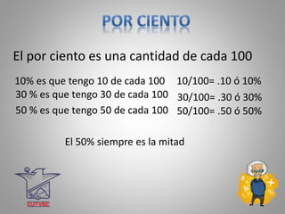 El por ciento es una cantidad de cada 100
10% es que tengo 10 de cada 100
El 50% siempre es la mitad
30 % es que tengo 30 de cada 100
50 % es que tengo 50 de cada 100
10/100= .10 ó 10%
30/100= .30 ó 30%
50/100= .50 ó 50%
 