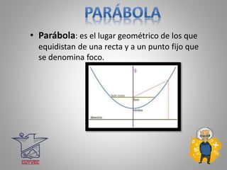 • Parábola: es el lugar geométrico de los que
equidistan de una recta y a un punto fijo que
se denomina foco.
 