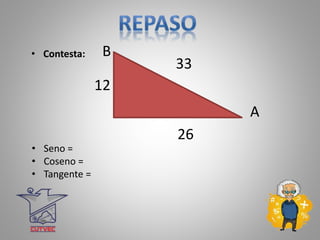 • Contesta:
• Seno =
• Coseno =
• Tangente =
A
12
26
B
33
 