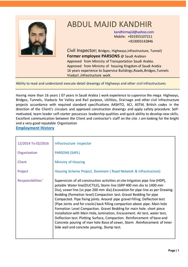ABDUL MAJID KANDHIR (CIVIL INSPECTOR) | DOCX | Civil Engineering ...