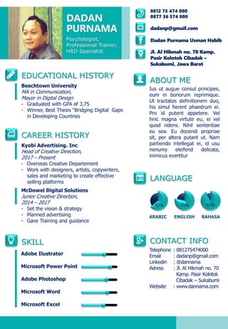 DADAN
PURNAMA
Psychologist,
Professional Trainer,
HRD Specialist
0812 75 474 000
0877 36 574 000
Dadan Purnama Usman Habib
dadanp@gmail.com
Jl. Al Hikmah no. 70 Kamp.
Pasir Kolotok Cibadak –
Sukabumi, Jawa Barat
EDUCATIONAL HISTORY
Beechtown University
MA in Communication,
Mayor in Digital Design
- Graduated with GPA of 3,75
- Winner, Best Thesis “Bridging Digital Gaps
in Developing Countries
CAREER HISTORY
Kyobi Advertising. Inc
Head of Creative Direction,
2017 – Present
- Overseas Creative Departement
- Work with designers, artists, copywriters,
sales and marketing to create effective
selling platforms
McDowel Digital Solutions
Junior Creative Direction,
2014 – 2017
- Set the vision & strategy
- Planned advertising
- Gave Training and guidance
SKILL
Adobe Ilustrator
Microsoft Power Point
Adobe Photoshop
Microsoft Word
Microsoft Excel
ABOUT ME
Ius ut augue consul principes,
eum in bonorum reprimique.
Ut tractatos definitionem duo,
his simul fierent phaedrum ei.
Pro id putent appetere. Vel
hinc magna virtute eu, ei vel
quod ridens. Nihil sententiae
eu sea. Eu docendi propriae
sit, per altera putant ut. Nam
partiendo intellegat ei, id usu
nonumy eleifend delicata,
inimicus evertitur
LANGUAGE
CONTACT INFO
Telephone : 081275474000
Email : dadanp@gmail.com
Linkedin : @dannama
Adress : Jl. Al Hikmah no. 70
Kamp. Pasir Kolotok
Cibadak – Sukabumi
Website : www.dannama.com
67% 75% 92%
ARABIC ENGLISH BAHASA
 