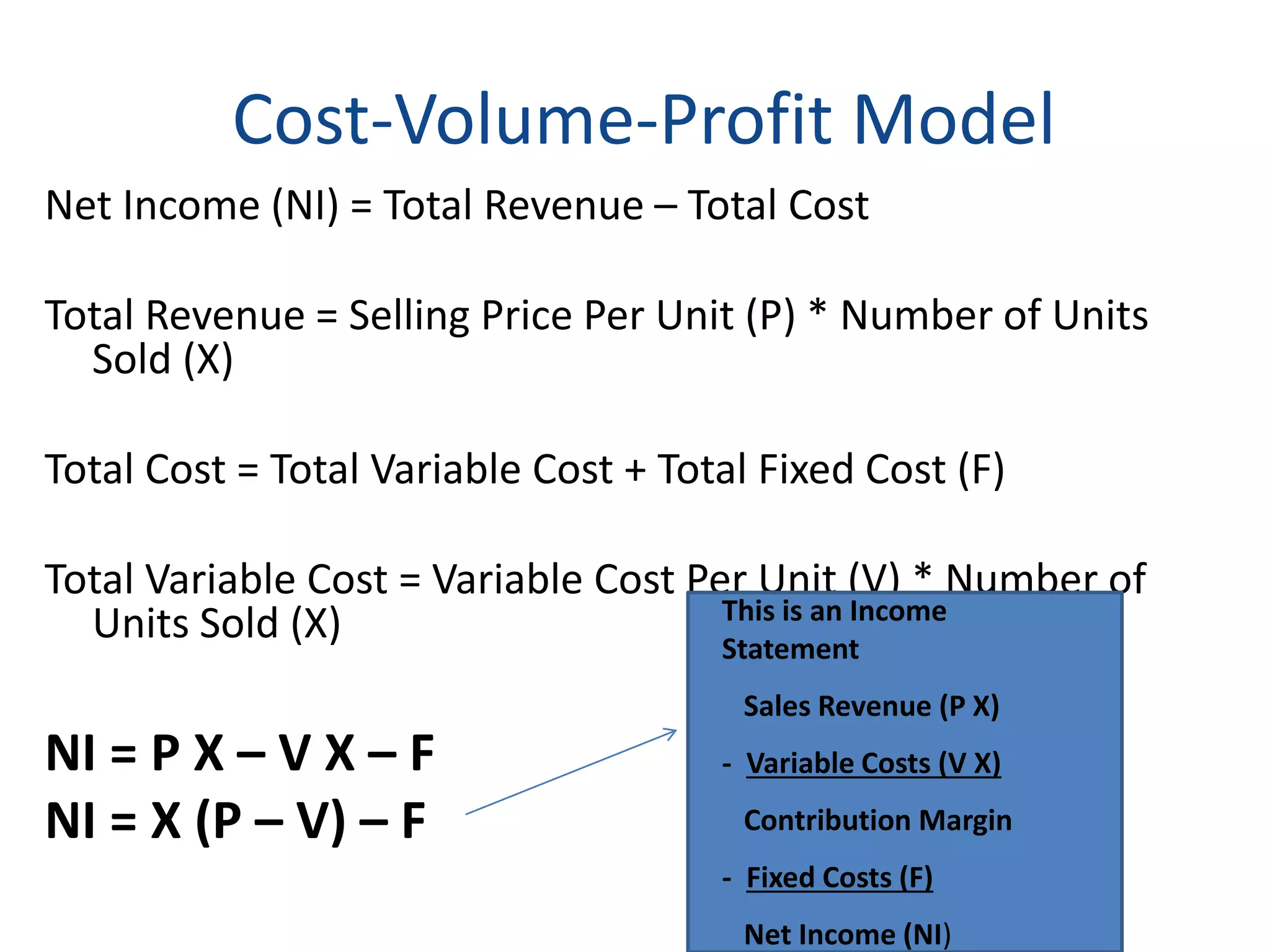 Cost-Volume-Profit Model
Net Income (NI) = Total Revenue – Total Cost
Total Revenue = Selling Price Per Unit (P) * Number of Units
Sold (X)
Total Cost = Total Variable Cost + Total Fixed Cost (F)
Total Variable Cost = Variable Cost Per Unit (V) * Number of
Units Sold (X)
NI = P X – V X – F
NI = X (P – V) – F
This is an Income
Statement
Sales Revenue (P X)
- Variable Costs (V X)
Contribution Margin
- Fixed Costs (F)
Net Income (NI)
 