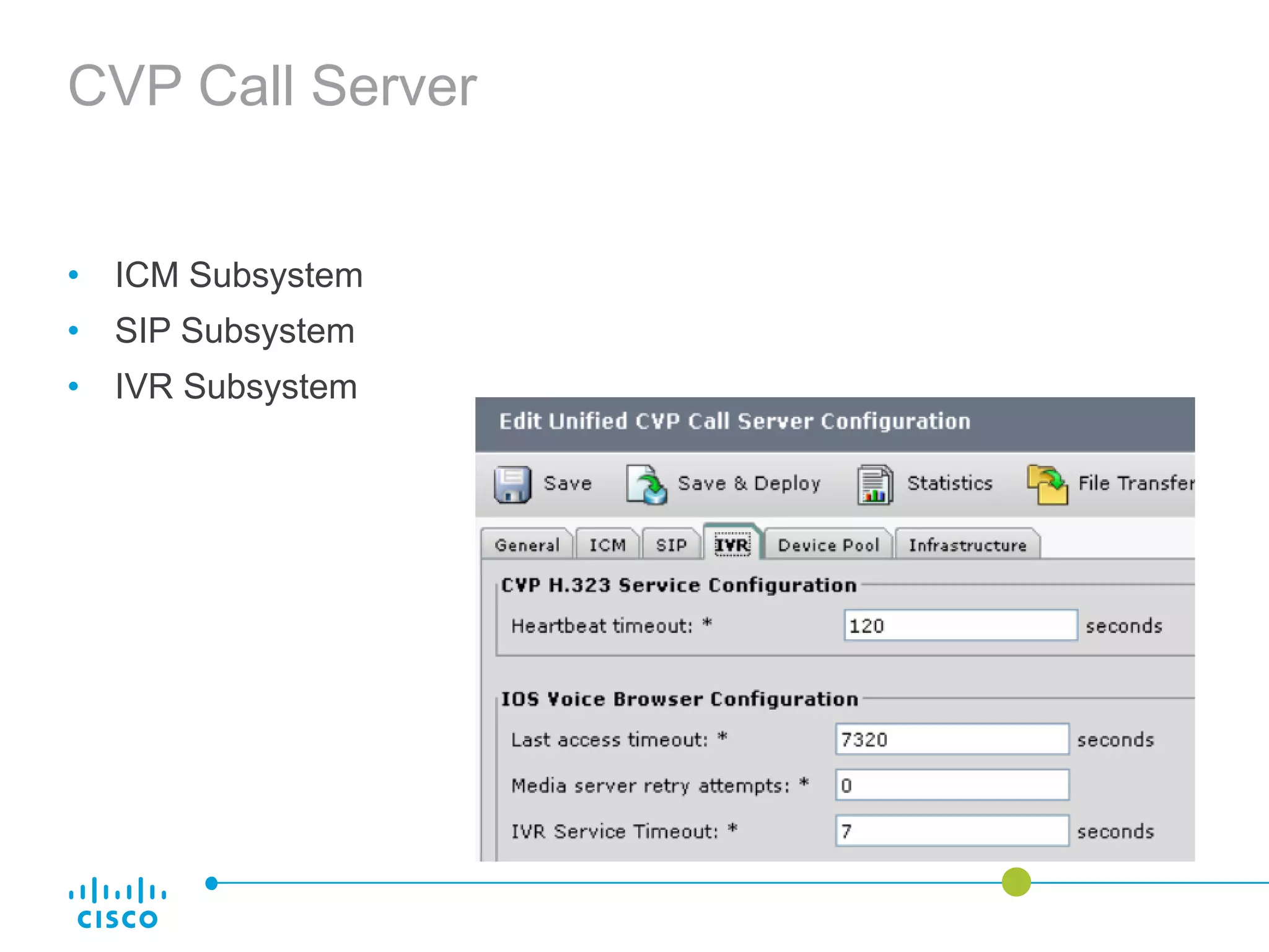 CVP Call Server
• ICM Subsystem
• SIP Subsystem
• IVR Subsystem
 