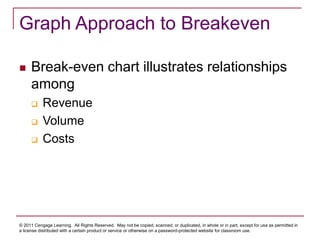 © 2011 Cengage Learning. All Rights Reserved. May not be copied, scanned, or duplicated, in whole or in part, except for use as permitted in
a license distributed with a certain product or service or otherwise on a password-protected website for classroom use.
Graph Approach to Breakeven
 Break-even chart illustrates relationships
among
 Revenue
 Volume
 Costs
 