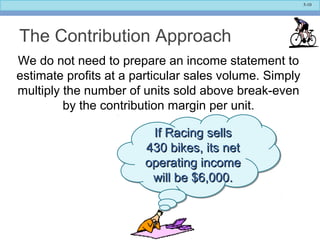 5-10
The Contribution Approach
We do not need to prepare an income statement to
estimate profits at a particular sales volume. Simply
multiply the number of units sold above break-even
by the contribution margin per unit.
If Racing sellsIf Racing sells
430 bikes, its net430 bikes, its net
operating incomeoperating income
will be $6,000.will be $6,000.
If Racing sellsIf Racing sells
430 bikes, its net430 bikes, its net
operating incomeoperating income
will be $6,000.will be $6,000.
 
