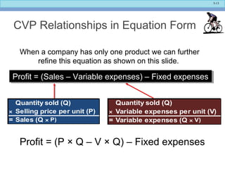 5-13
CVP Relationships in Equation Form
When a company has only one product we can further
refine this equation as shown on this slide.
Profit = (Sales – Variable expenses) – Fixed expensesProfit = (Sales – Variable expenses) – Fixed expenses
Quantity sold (Q)
× Selling price per unit (P)
= Sales (Q × P)
Quantity sold (Q)
× Variable expenses per unit (V)
= Variable expenses (Q × V)
Profit = (P × Q – V × Q) – Fixed expenses
 
