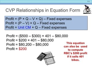 5-16
CVP Relationships in Equation Form
Profit = (P × Q – V × Q) – Fixed expenses
Profit = (P – V) × Q – Fixed expenses
Profit = Unit CM × Q – Fixed expenses
Profit = (P × Q – V × Q) – Fixed expenses
Profit = (P – V) × Q – Fixed expenses
Profit = Unit CM × Q – Fixed expenses
Profit = ($500 – $300) × 401 – $80,000
Profit = $200 × 401 – $80,000
Profit = $80,200 – $80,000
Profit = $200
This equation
can also be used
to compute
RBC’s $200 profit
if it sells 401
bikes.
 