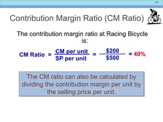 5-28
Contribution Margin Ratio (CM Ratio)
The contribution margin ratio at Racing Bicycle
is:
The CM ratio can also be calculated by
dividing the contribution margin per unit by
the selling price per unit.
The CM ratio can also be calculated by
dividing the contribution margin per unit by
the selling price per unit.
CM per unit
SP per unit
CM Ratio = = 40%
$200
$500
=
 