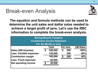 5-45
Break-even Analysis
The equation and formula methods can be used to
determine the unit sales and dollar sales needed to
achieve a target profit of zero. Let’s use the RBC
information to complete the break-even analysis.
Total Per Unit CM Ratio
Sales (500 bicycles) 250,000$ 500$ 100%
Less: Variable expenses 150,000 300 60%
Contribution margin 100,000 200$ 40%
Less: Fixed expenses 80,000
Net operating income 20,000$
Racing Bicycle Company
Contribution Income Statement
For the Month of June
 