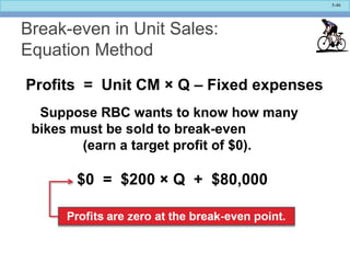 5-46
Break-even in Unit Sales:
Equation Method
$0 = $200 × Q + $80,000
Profits = Unit CM × Q – Fixed expenses
Suppose RBC wants to know how many
bikes must be sold to break-even
(earn a target profit of $0).
 
