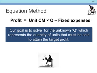 5-54
Equation Method
Profit = Unit CM × Q – Fixed expenses
Our goal is to solve for the unknown “Q” which
represents the quantity of units that must be sold
to attain the target profit.
Our goal is to solve for the unknown “Q” which
represents the quantity of units that must be sold
to attain the target profit.
 