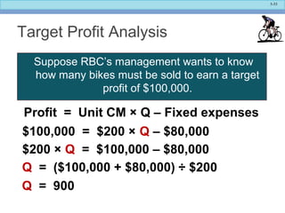 5-55
Target Profit Analysis
Suppose RBC’s management wants to know
how many bikes must be sold to earn a target
profit of $100,000.
Profit = Unit CM × Q – Fixed expenses
$100,000 = $200 × Q – $80,000
$200 × Q = $100,000 – $80,000
Q = ($100,000 + $80,000) ÷ $200
Q = 900
 