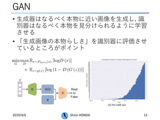 GAN
• 生成器はなるべく本物に近い画像を生成し, 識
別器はなるべく本物を見分けられるように学習
させる
• 「生成画像の本物らしさ」を識別器に評価させ
ているところがポイント
2019/4/6 Shion HONDA 12
[2] The GAN Zoo
 