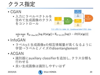クラス指定
• CGAN
• 入力にラベルベクトルを
含めて生成画像のクラス
をコントロール
• InfoGAN
• ラベルyと生成画像xの相互情報量が高くなるように
学習→ラベルとノイズのdisentanglement
• ACGAN
• 識別器にauxiliary classifierを追加し, クラス分類も
行わせる
• 良い生成画像は識別しやすいはず
2019/4/6 Shion HONDA 20
今さら聞けないGAN（6） Conditional GANの実装 - Qiita
 