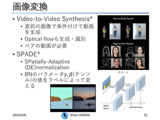 画像変換
• Video-to-Video Synthesis*
• 直前の画像で条件付けて動画
を生成
• Optical flowも生成・識別
• ペアの動画が必要
• SPADE*
• SPatially-Adaptive
(DE)normalization
• BNのパラメータ𝛾, 𝛽(テンソ
ル)の値をラベルによって変
える
2019/4/6 Shion HONDA 22
恋ダンス
 