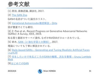 参考文献
2019/4/6 Shion HONDA 31
[1] 原田, 画像認識, 講談社, 2017.
[2] The GAN Zoo
GANの名前がついた論文のリスト.
[3] Variational Autoencoder徹底解説 – Qiita
図が豊富でとても親切.
[4] Z. Pan et al., Recent Progress on Generative Adversarial Networks
(GANs): A Survey, IEEE, 2019.
知る限り最新のサーベイ資料. なぜかNVIDIAがスルーされている.
[5] 鈴木, GAN（と強化学習との関係）, 2017.
理論についても丁寧に解説されている.
[6] Style-based GANs – Generating and Tuning Realistic Artificial Faces
| Lyrn.AI
[7] 何をしたいかで有名どころのGANの種類、派生を整理 – Urusu Lambda
Web
[9]はじめてのGAN
 