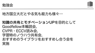 勉強会
地方国立大だとやる気も能力も様々…
知識の共有とモチベーションUPを目的として
Goodfellow本輪読会，
CVPR・ECCV読み会，
学習時のノウハウ共有会，
おすすめのライブラリをおすすめし合う会を
実施
 