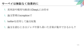 サーベイは無駄なく効果的に
1. 英単語や慣用句検索はDeepLにお任せ
1. 論文管理はscrapboxで
1. twitterを活用して論文収集
1. 論文を読むときはジャズや落ち着いた音楽が集中できるかも？
125
 